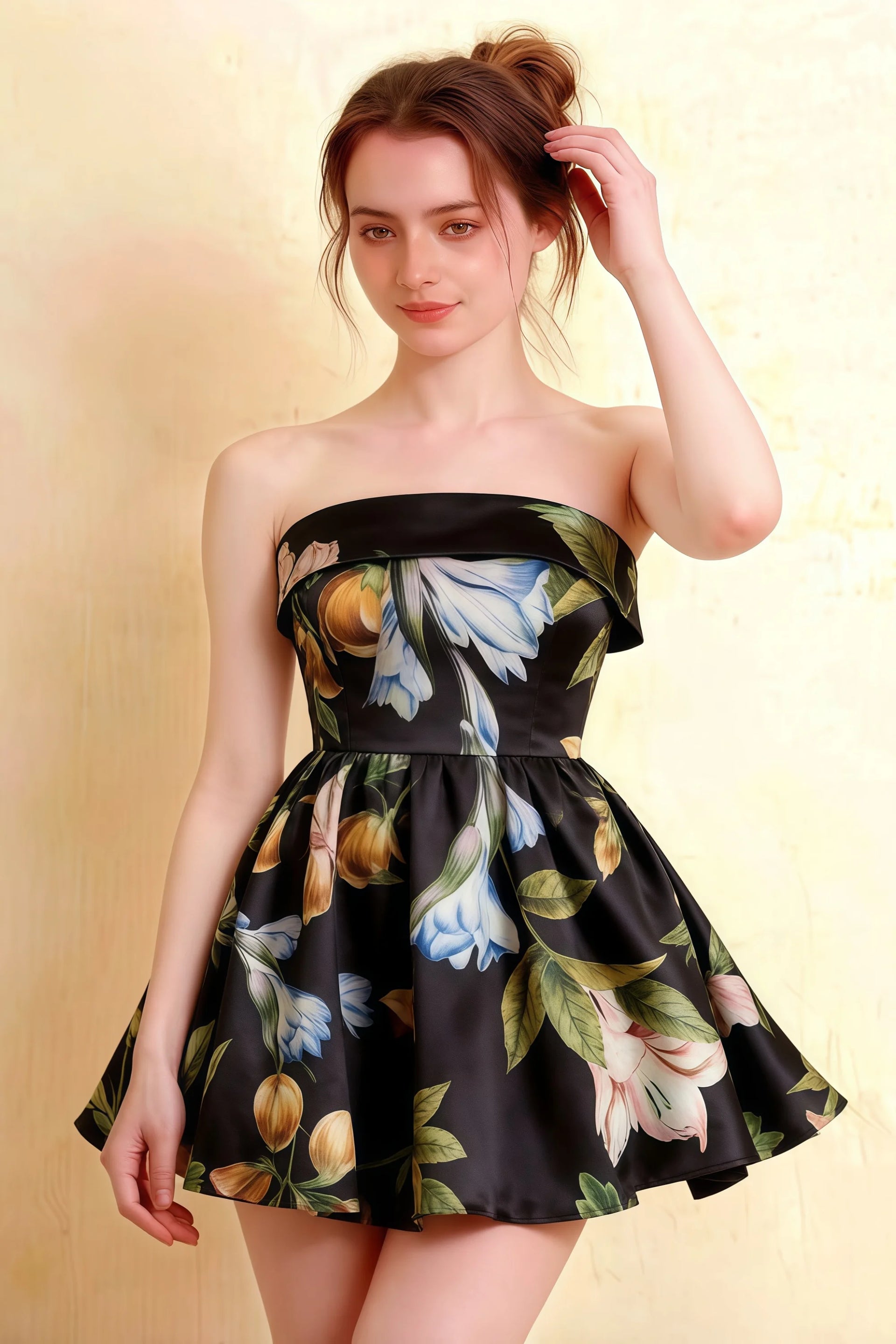 Cara Black Floral Women's Smocked-bodice Fit & Flare Mini Dress