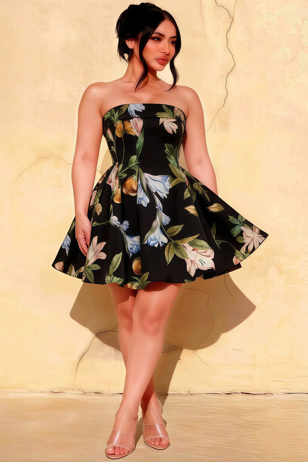 Cara Black Floral Women's Smocked-bodice Fit & Flare Mini Dress