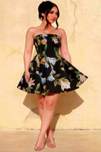 Cara Black Floral Women's Smocked-bodice Fit & Flare Mini Dress