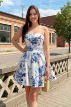 Cara Blue and White Porcelain Print Women's Smocked-bodice Fit & Flare Mini Dress