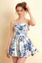 Cara Blue and White Porcelain Print Women's Smocked-bodice Fit & Flare Mini Dress