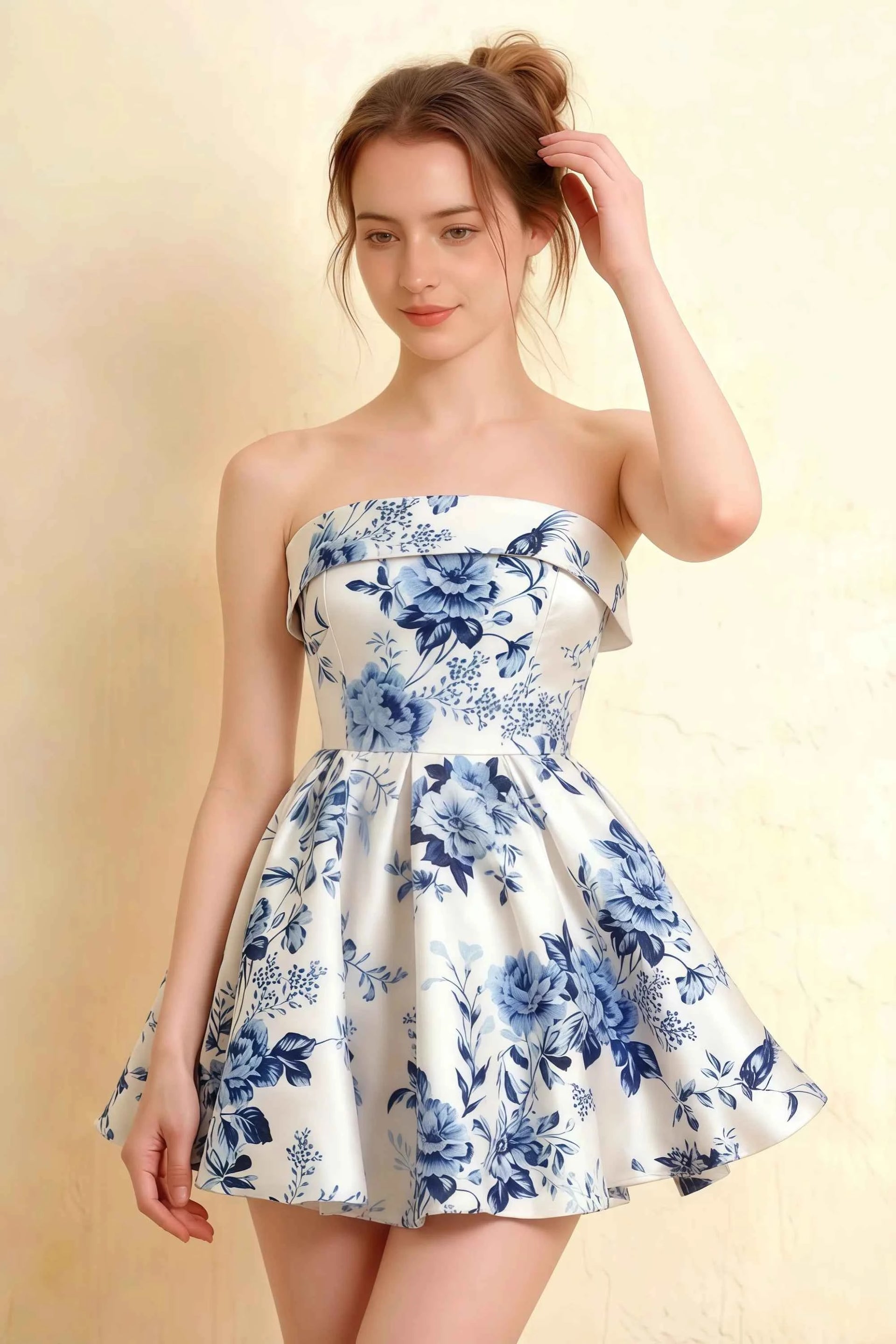 Cara Blue and White Porcelain Print Women's Smocked-bodice Fit & Flare Mini Dress