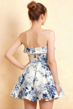 Cara Blue and White Porcelain Print Women's Smocked-bodice Fit & Flare Mini Dress
