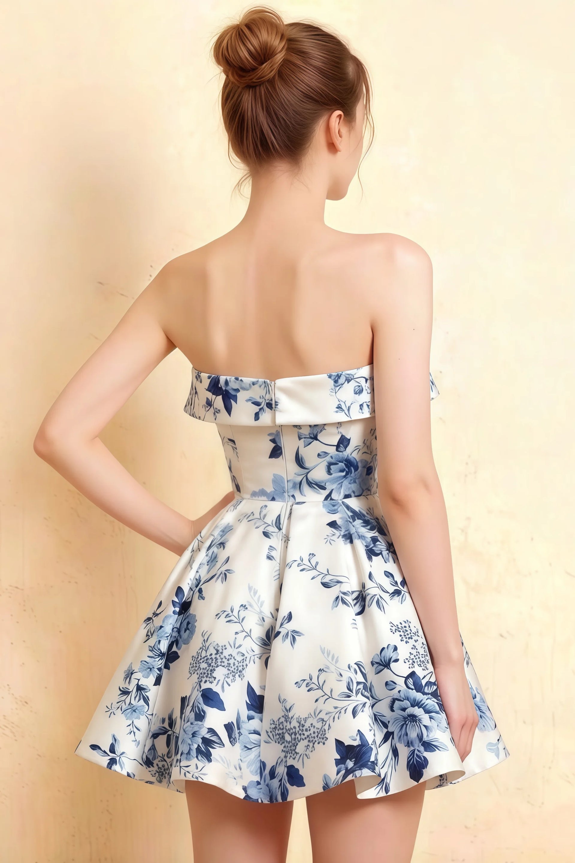 Cara Blue and White Porcelain Print Women's Smocked-bodice Fit & Flare Mini Dress