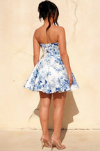 Cara Blue and White Porcelain Print Women's Smocked-bodice Fit & Flare Mini Dress