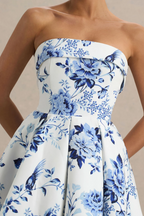 Cara Blue and White Porcelain Print Women's Smocked-bodice Fit & Flare Mini Dress