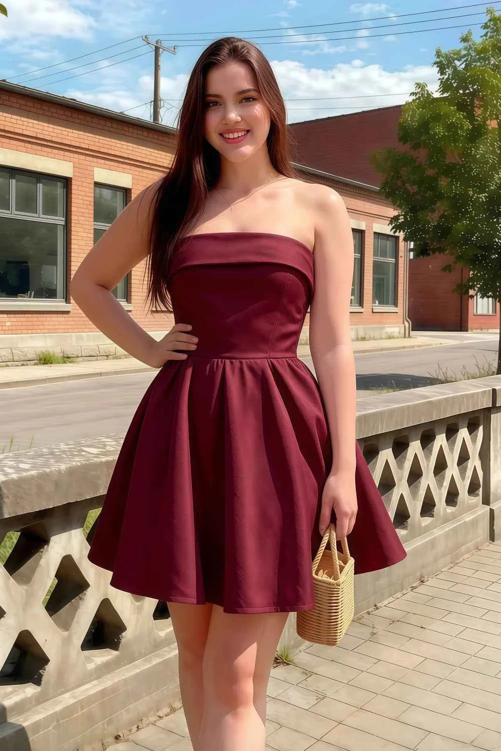 Cara Burgundy Women's Smocked-bodice Fit & Flare Mini Dress