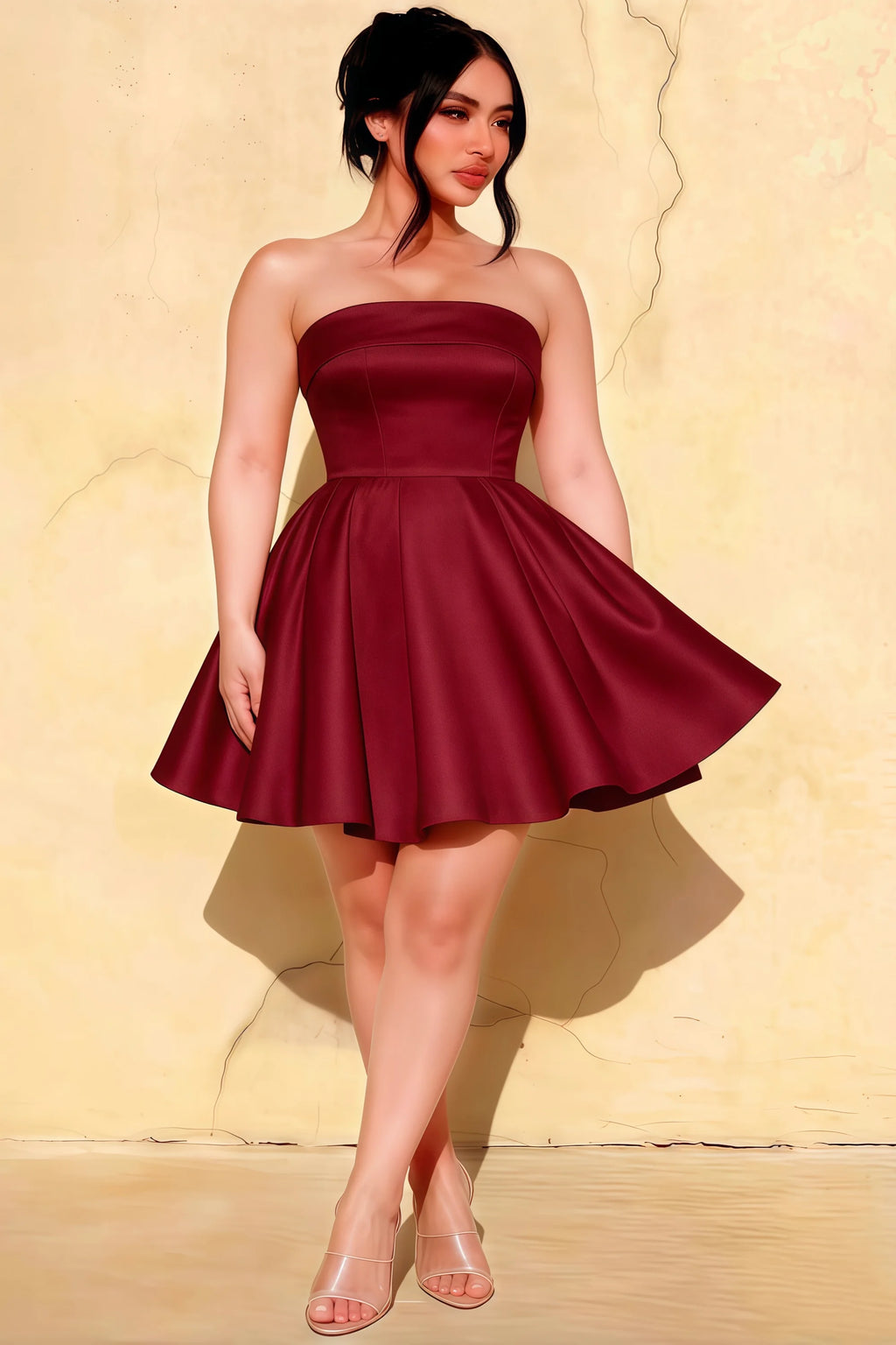 Cara Burgundy Women's Smocked-bodice Fit & Flare Mini Dress