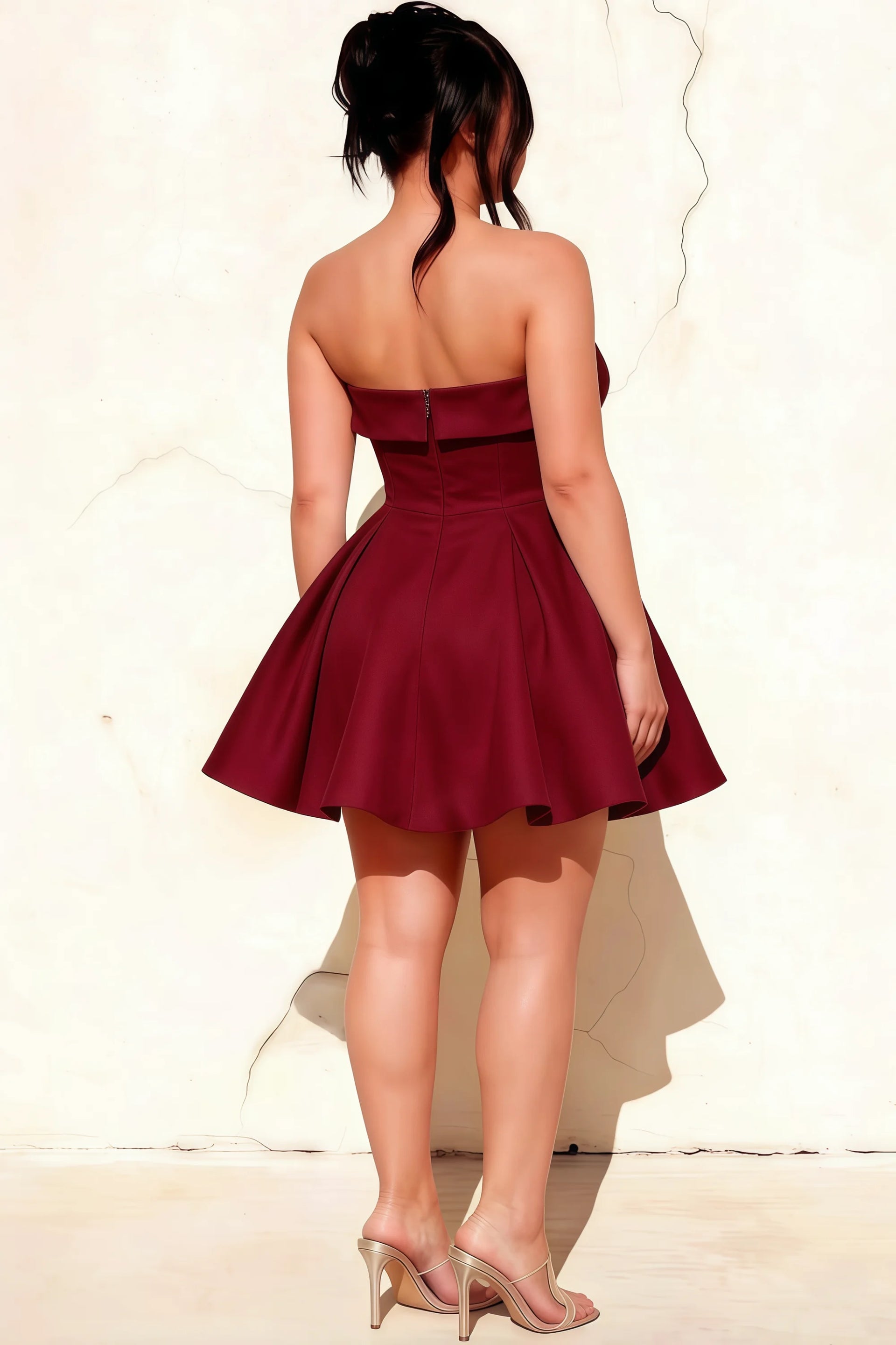 Cara Burgundy Women's Smocked-bodice Fit & Flare Mini Dress