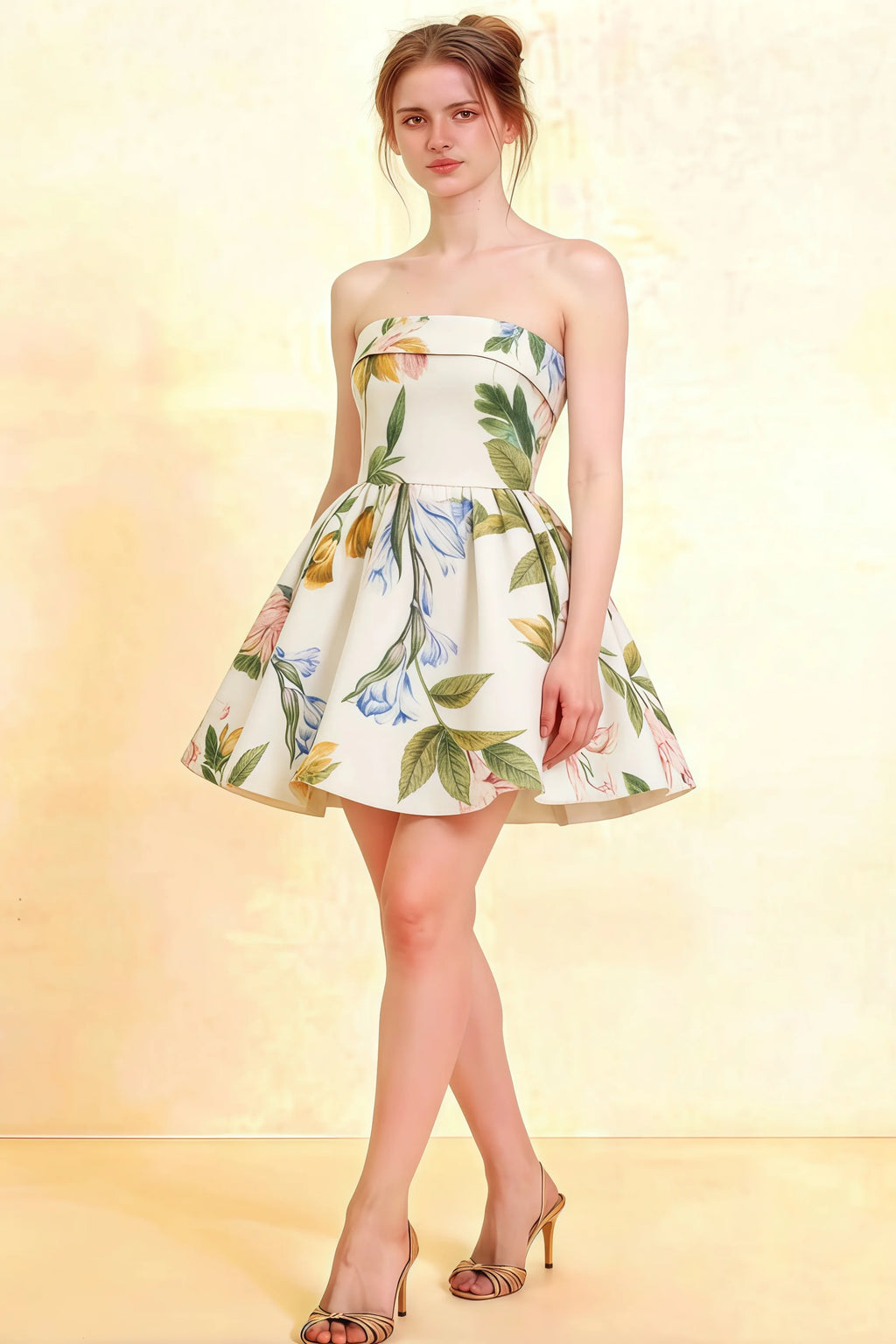 Cara Green and White Floral Print Women's Smocked-bodice Fit & Flare Mini Dress