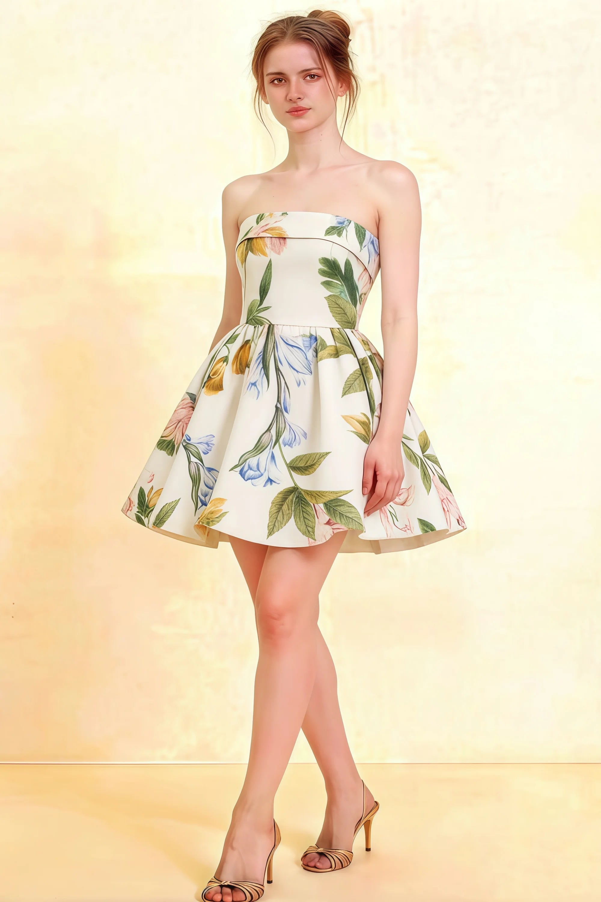 Cara Green and White Floral Print Women's Smocked-bodice Fit & Flare Mini Dress Imagen principal del producto