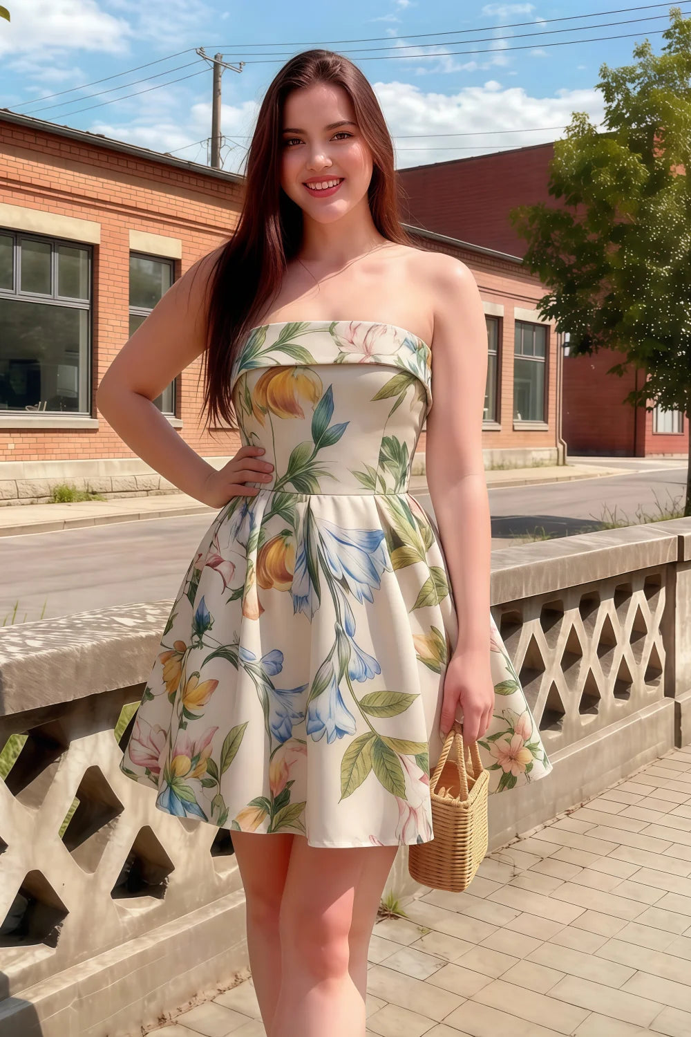 Cara Green and White Floral Print Women's Smocked-bodice Fit & Flare Mini Dress
