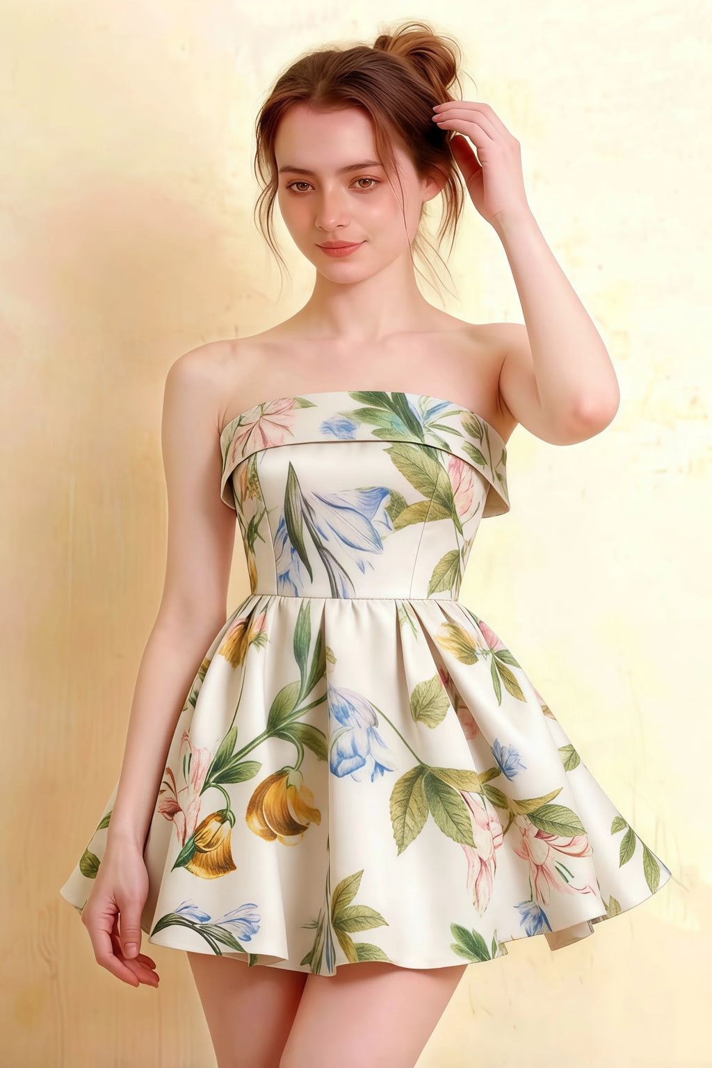 Cara Green and White Floral Print Women's Smocked-bodice Fit & Flare Mini Dress
