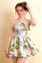 Cara Green and White Floral Print Women's Smocked-bodice Fit & Flare Mini Dress