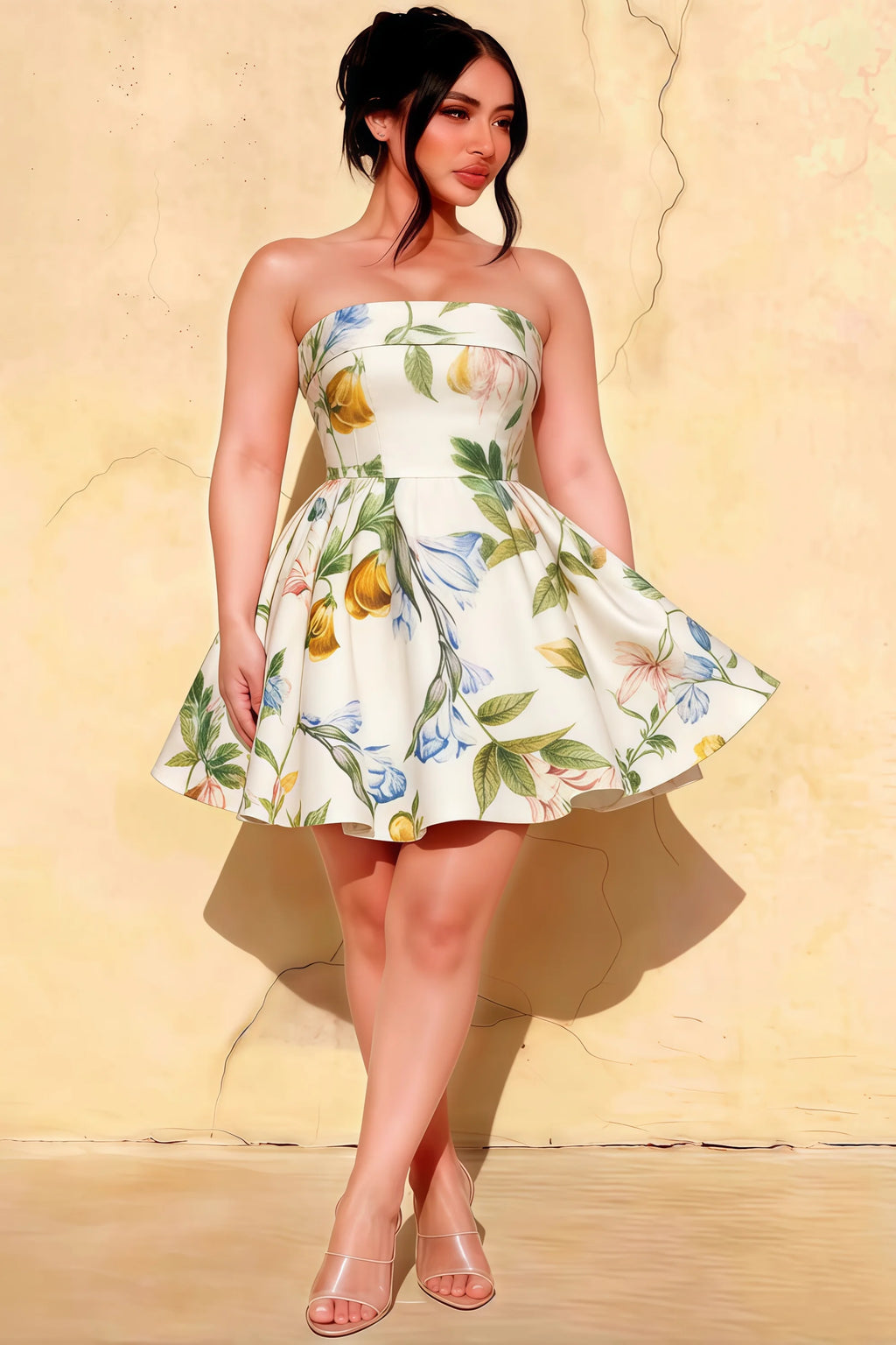 Cara Green and White Floral Print Women's Smocked-bodice Fit & Flare Mini Dress
