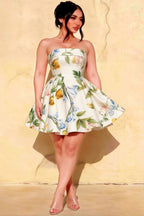 Cara Green and White Floral Print Women's Smocked-bodice Fit & Flare Mini Dress
