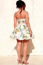Cara Green and White Floral Print Women's Smocked-bodice Fit & Flare Mini Dress