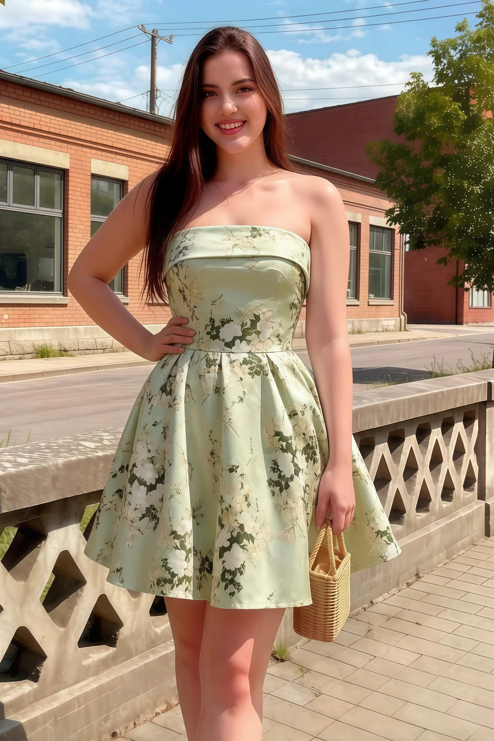 Cara Green Floral Women's Smocked-bodice Fit & Flare Mini Dress