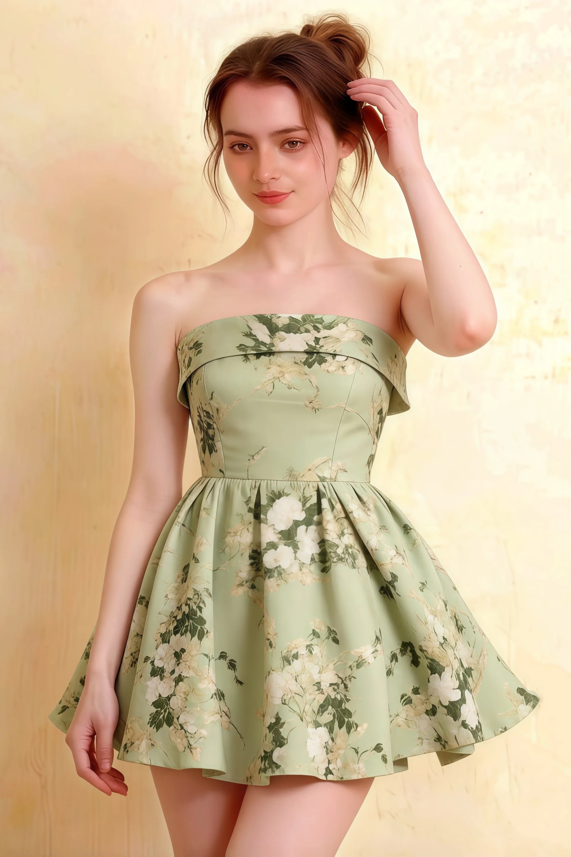 Cara Green Floral Women's Smocked-bodice Fit & Flare Mini Dress