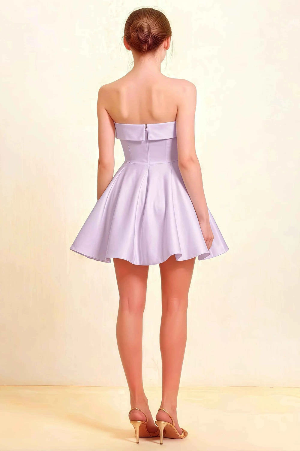 Translation missing: en.LVLVS Cara Lavender Women's Smocked-Bodice Fit &amp; Flare Mini Dress Back View, Stretch Crepe Strapless A-Line Short Dress for Formal Wedding Guest Events content.product_image_secondary
