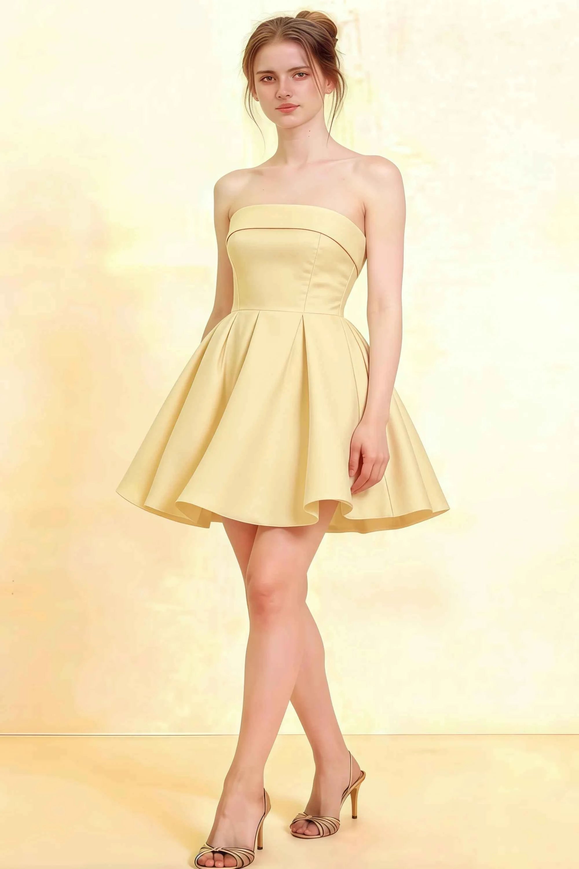 LVLVS Cara Lemon Stretch Crepe Mini Dress Smocked Bodice Fit and Flare Style Studio Product Shot Front View Imagen principal del producto