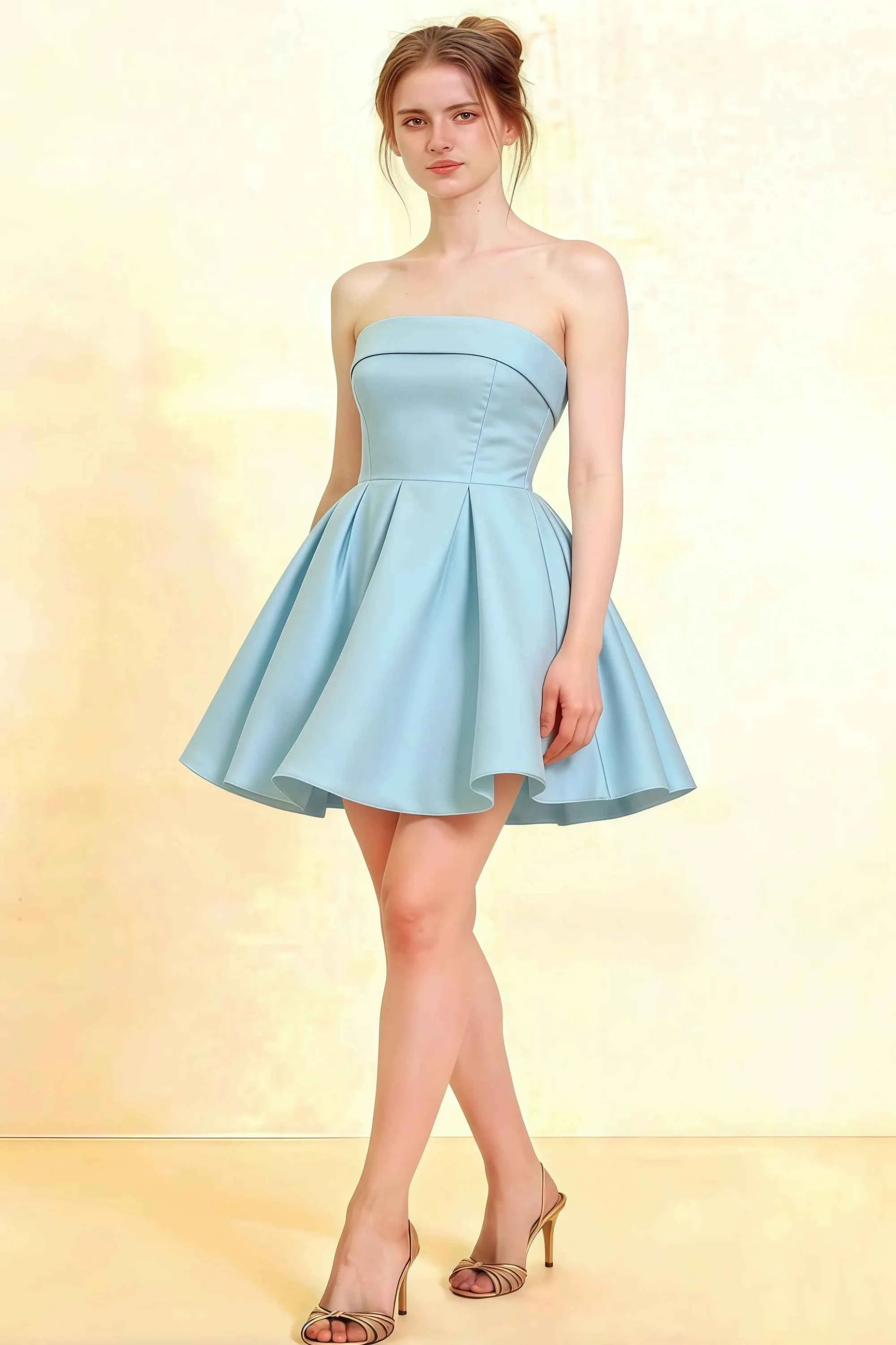 Light Blue Stretch Crepe Cara Dress for Women | Smocked-Bodice Fit & Flare Mini Cocktail Party Dress Main image