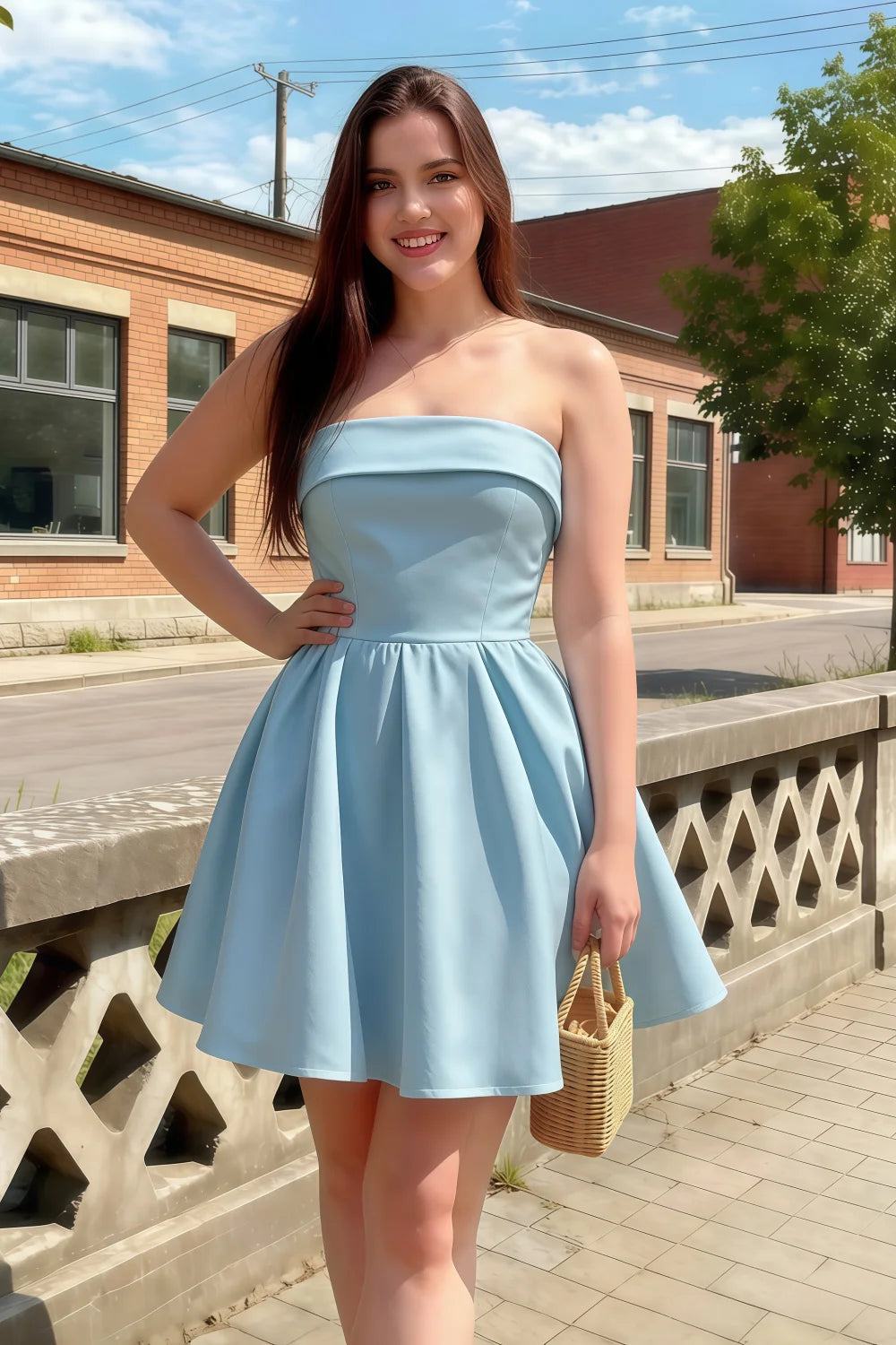 Cara Light Blue Women's Smocked-bodice Fit & Flare Mini Dress