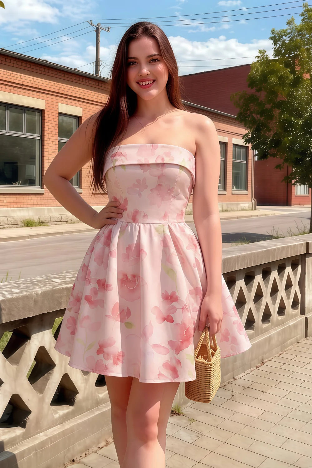 Cara Light Pink Floral Women's Smocked-bodice Fit & Flare Mini Dress