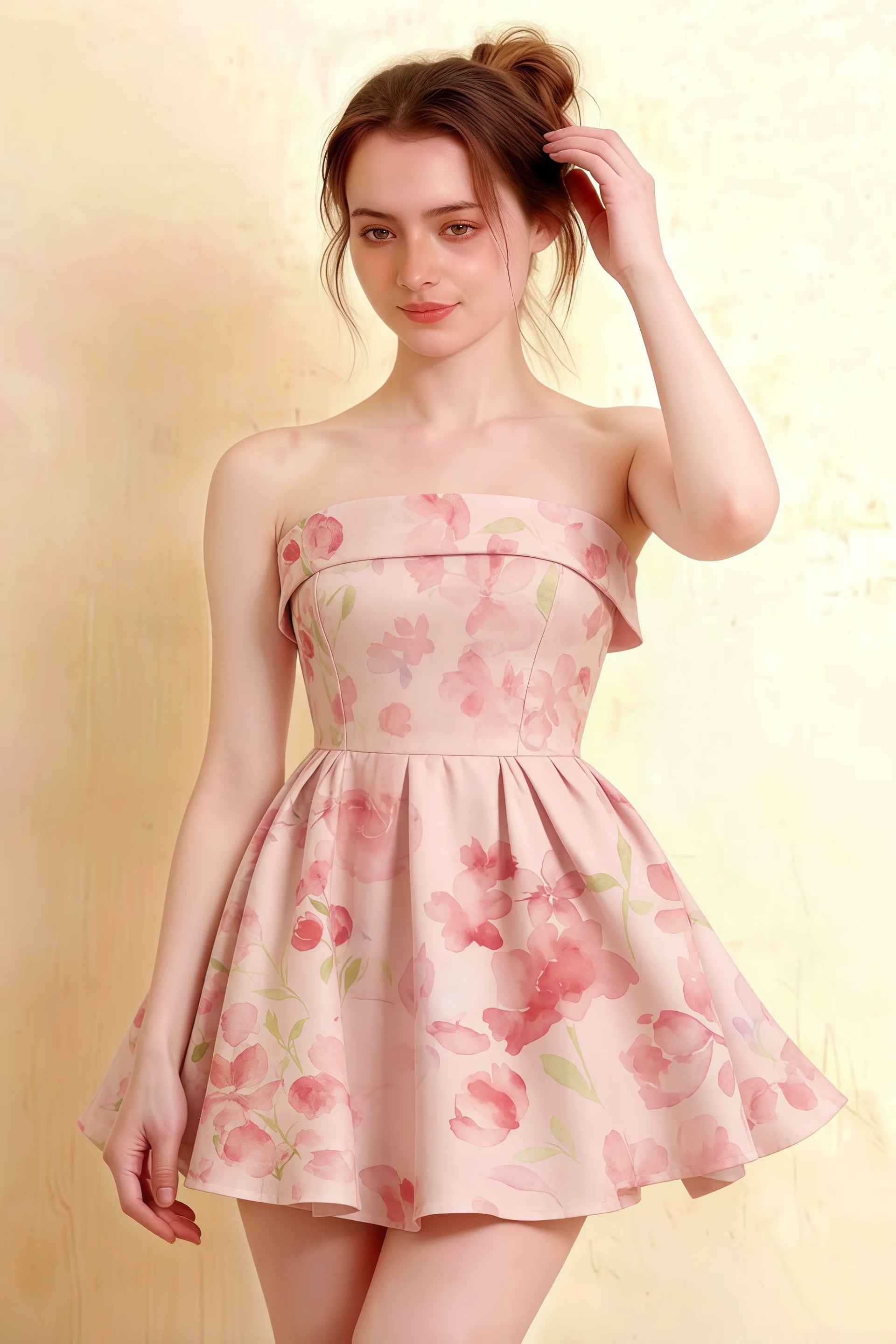 Cara Light Pink Floral Women's Smocked-bodice Fit & Flare Mini Dress