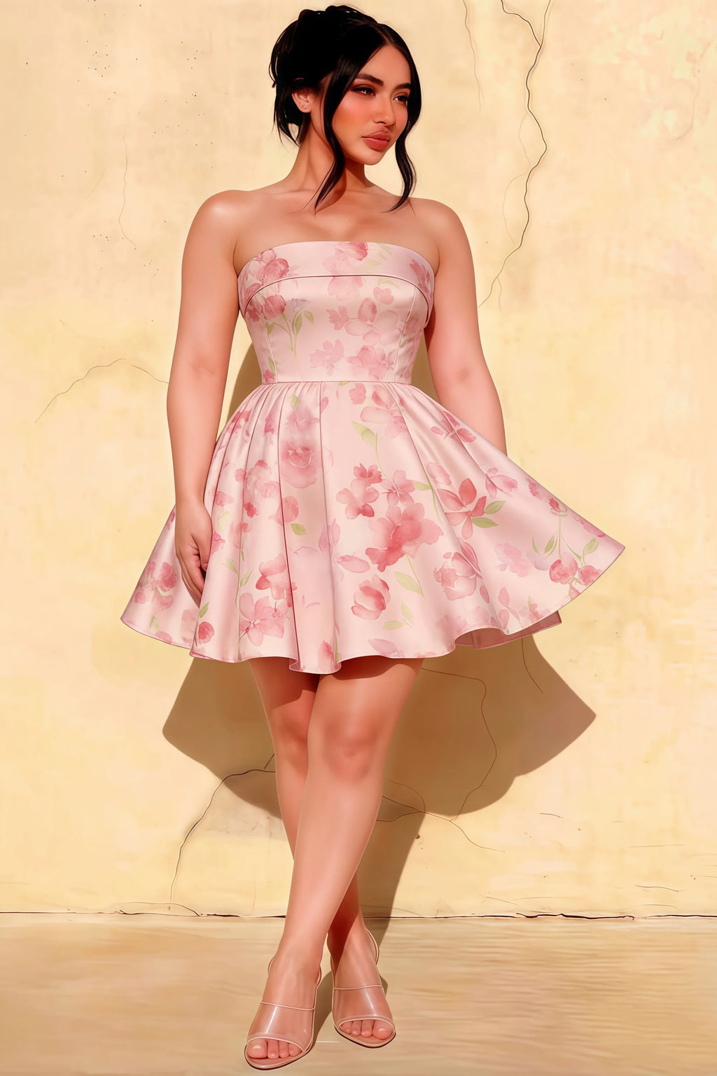 Cara Light Pink Floral Women's Smocked-bodice Fit & Flare Mini Dress