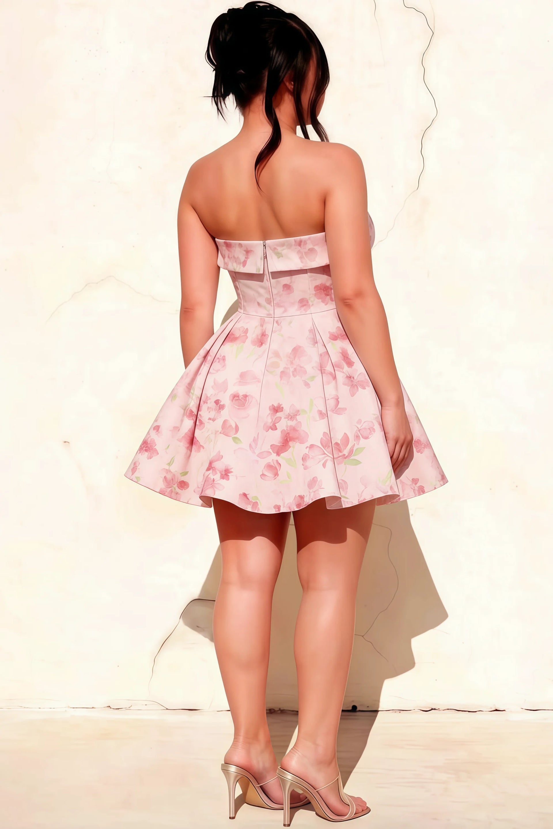 Cara Light Pink Floral Women's Smocked-bodice Fit & Flare Mini Dress