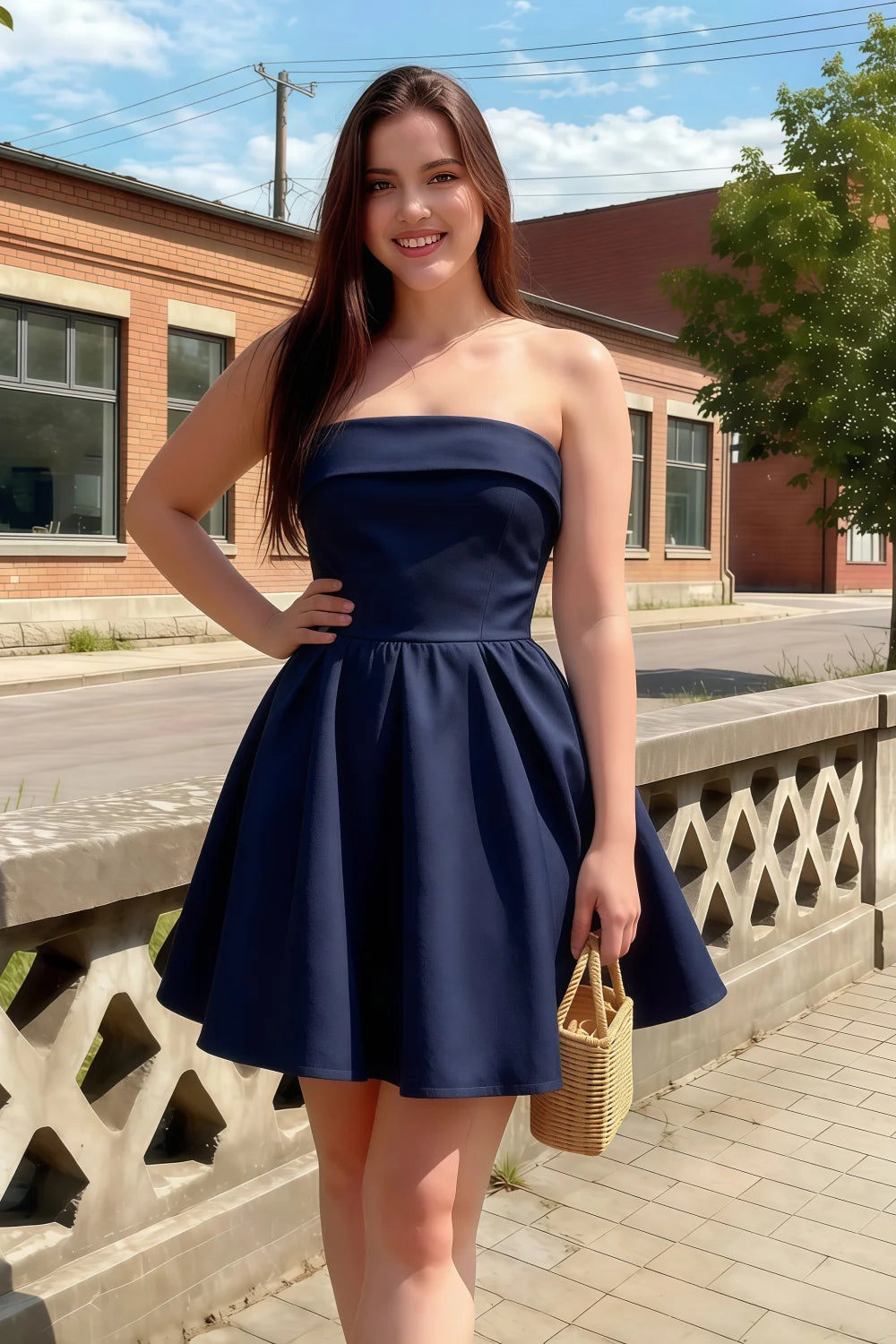 Cara Navy Women's Smocked-bodice Fit & Flare Mini Dress