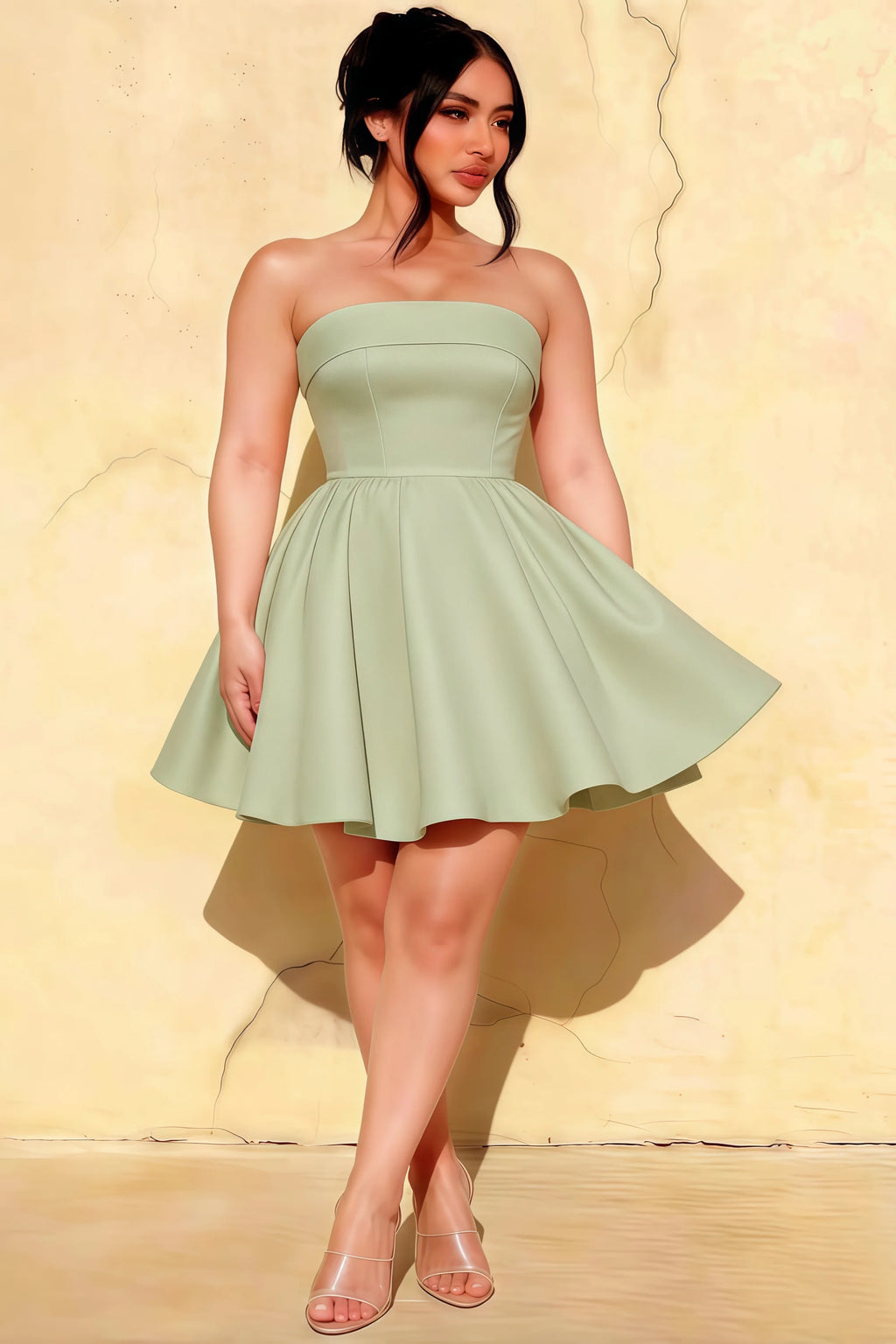 Cara Sage Green Women's Smocked-bodice Fit & Flare Mini Dress