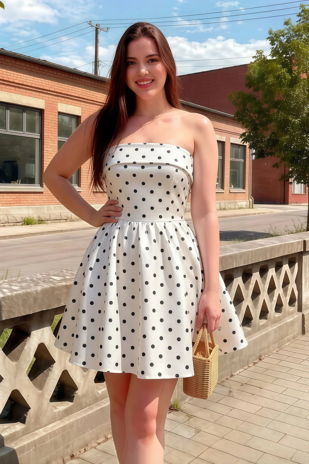 Cara White Polka Dot Women's Smocked-bodice Fit & Flare Mini Dress