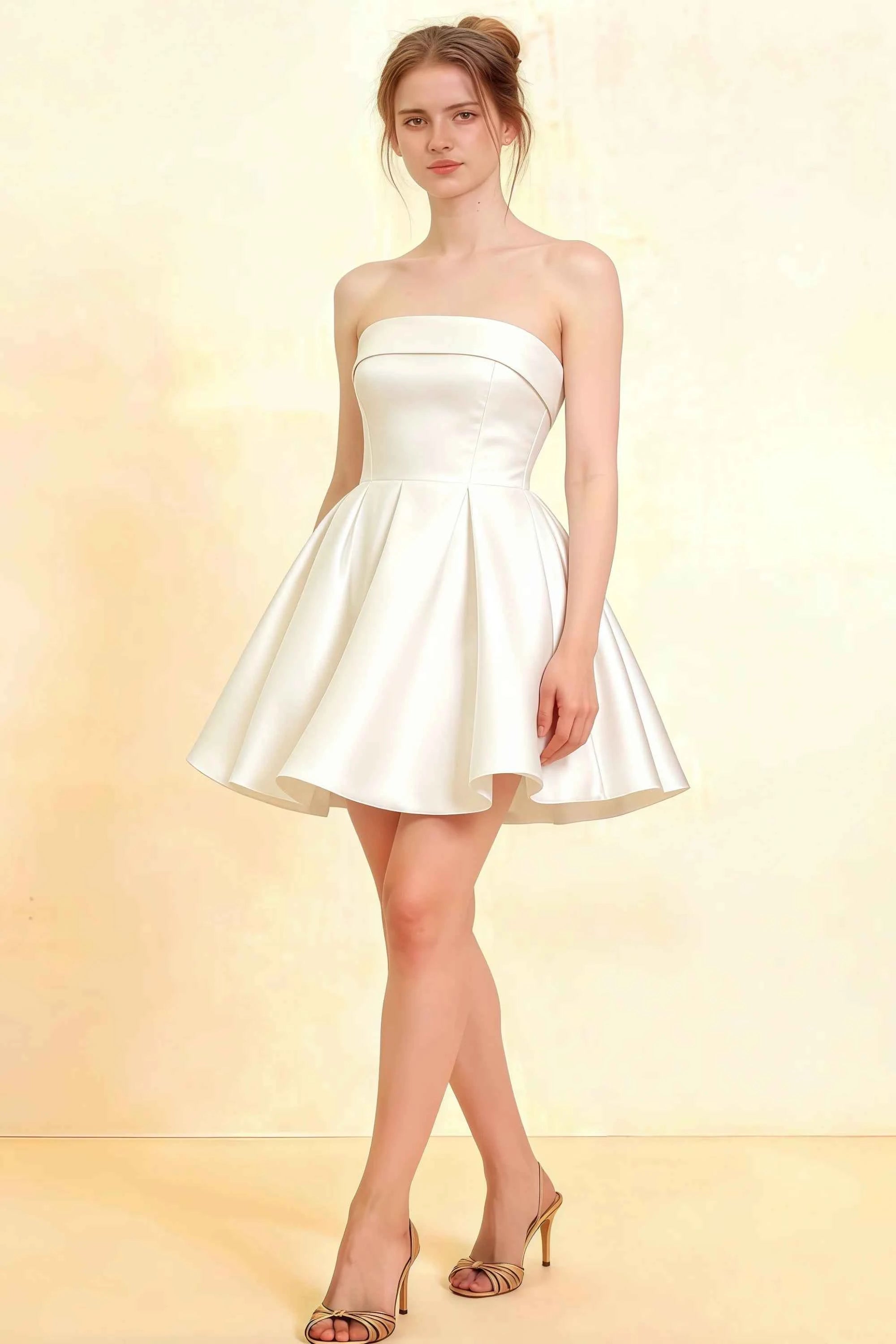 White strapless Cara dress by LVLVS in stretch crepe, smocked bodice fit and flare mini dress for cocktail party elegance Imagen principal del producto