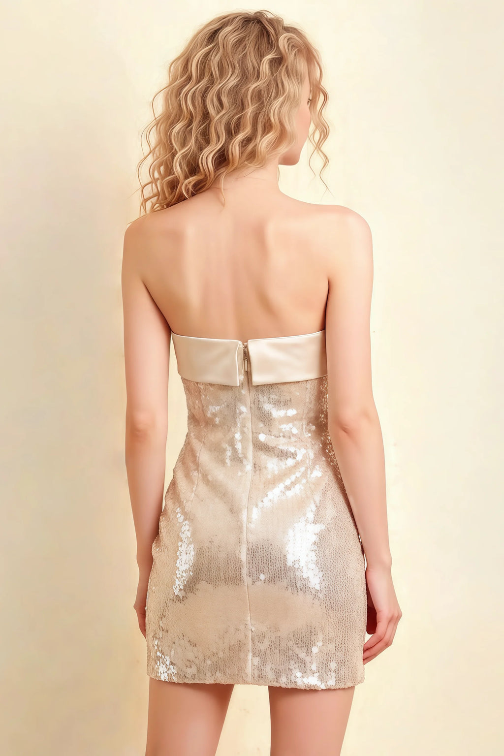 Carina Champagne Sequin Strapless Mini Sheath Dress with Satin Trim