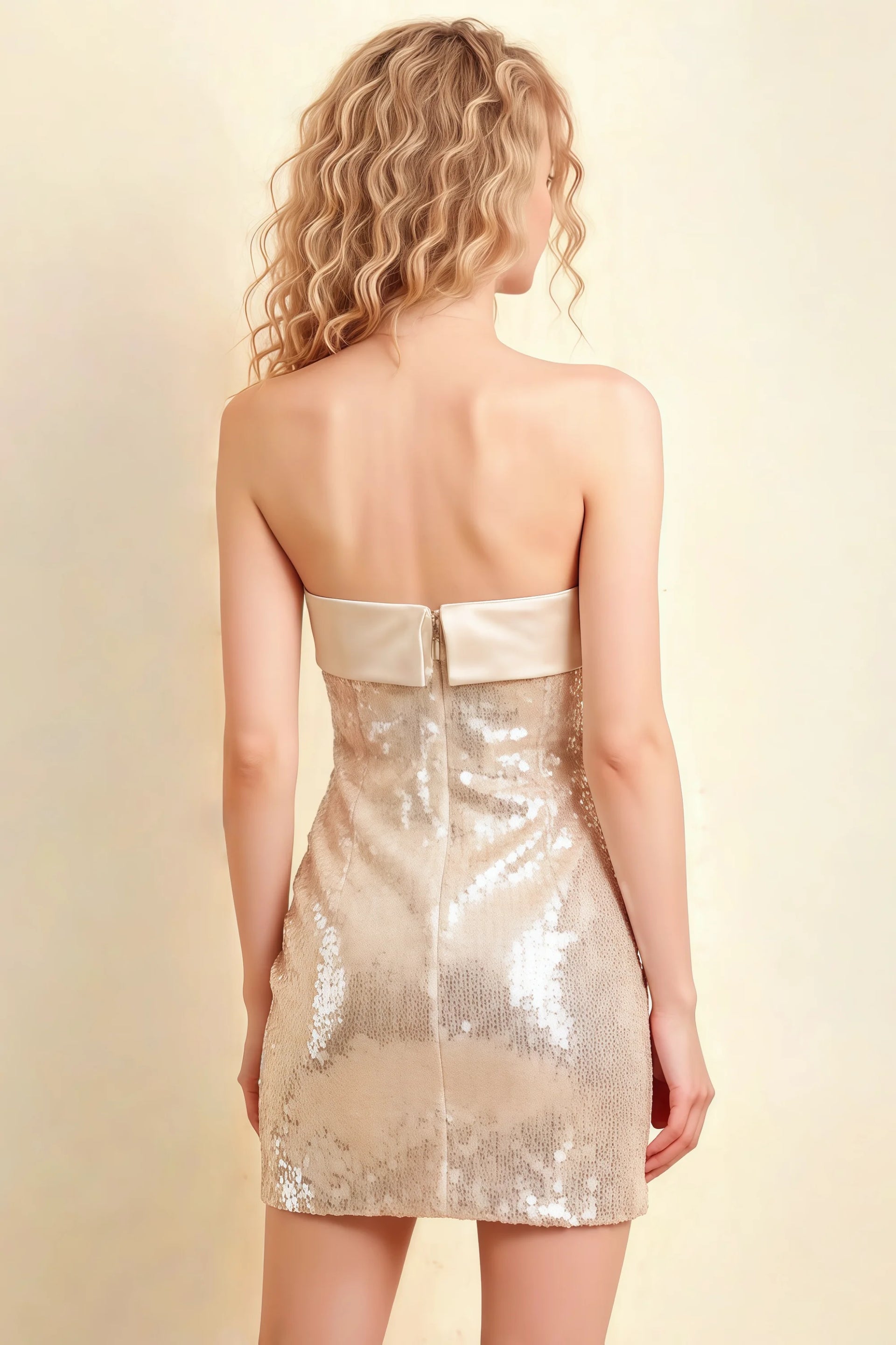 Carina Champagne Sequin Strapless Mini Sheath Dress with Satin Trim