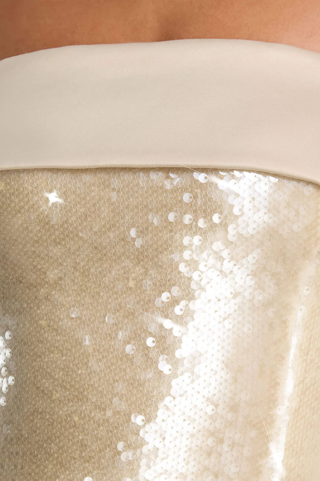 Carina Champagne Sequin Strapless Mini Sheath Dress with Satin Trim