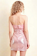 Carina Light Pink Sequin Strapless Mini Sheath Dress with Satin Trim