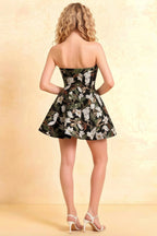 Back View of LVLVS Carol Black Sequin Embellished Bandeau A-Line Mini Dress for Cocktail Parties and Semi-Formal Events | Chic Floral Embroidered Party Dress