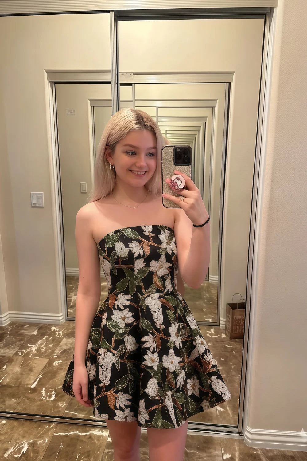 Customer Wearing LVLVS Carol Black Sequin Embellished Bandeau A-Line Mini Dress for Graduation and Casual Going Out | Real-Life Fit and Style of Sequin Floral Party Dress