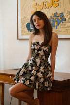 Back View of Customer in LVLVS Carol Black Sequin Embellished Bandeau A-Line Mini Dress for Homecoming and Day Parties | Authentic Fit Showcase of Floral Embroidered Cocktail Dress