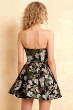 Back View of LVLVS Carol Black Sequin Embellished Bandeau A-Line Mini Dress for Prom and Formal Dinners | Stunning Floral Embroidered Evening Dress