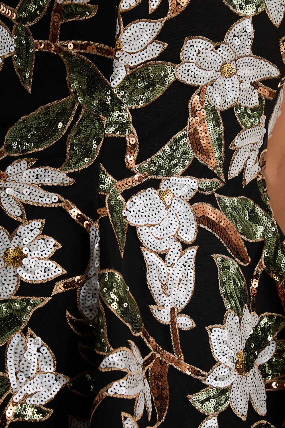 Close-Up of LVLVS Carol Black Sequin Embellished Fabric with White Floral Embroidery for Luxury Party and Formal Event Details | Exquisite Sequin Work on Crepe Dress