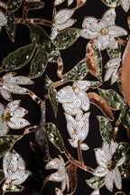 Close-Up of LVLVS Carol Black Sequin Embellished Fabric with White Floral Embroidery for Luxury Party and Formal Event Details | Exquisite Sequin Work on Crepe Dress