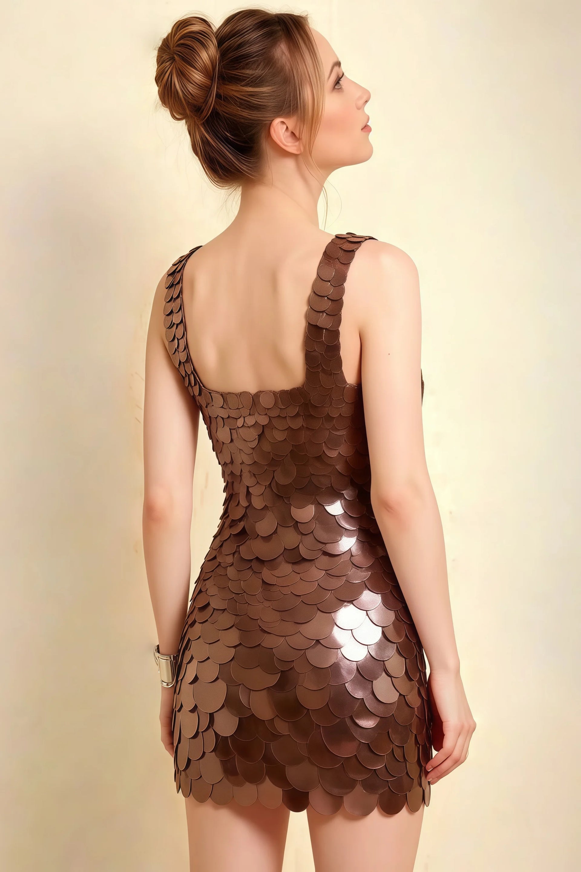 Caroline Brown Sequin Bodycon Mini Dress with Square Neckline