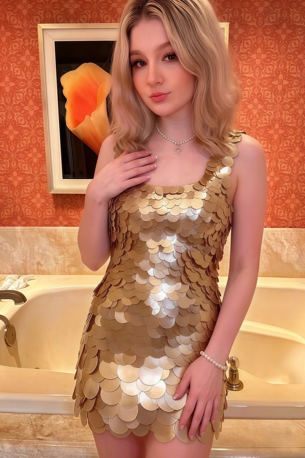 Caroline Champagne Sequin Bodycon Mini Dress with Square Neckline