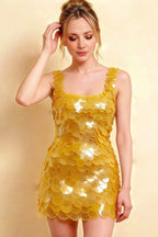 Plus Size Model in LVLVS Caroline Gold Sequin Mini Dress for Semi-Formal Wedding Guest