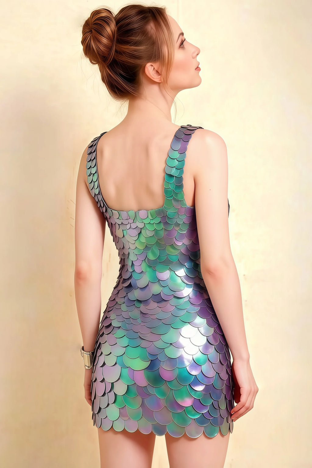 Back view of LVLVS Caroline multi color sequin bodycon mini dress for formal party
