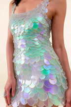 Close up detail of LVLVS Caroline multi color iridescent sequin bodycon mini dress for special occasion